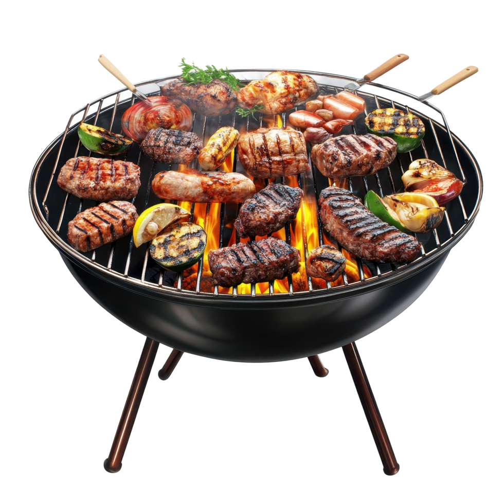 assorted-grilled-meats-and-vegetables-on-a-round-outdoor-grill-free-png